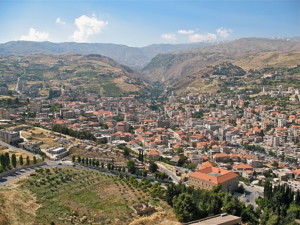 View of the town of Zahlé nestled amongst gently sloping hills in Lebanon
